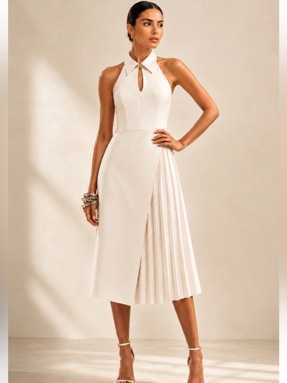 Commense Elegant Halter Midi Dress in Ivory Small